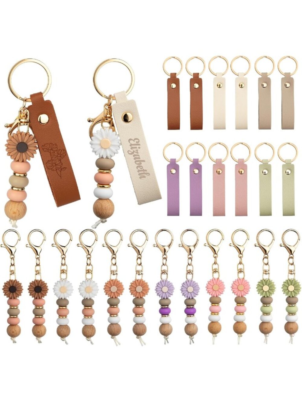 Daisy PU Leather Keychain Blanks - 12/24PCS Beadable DIY Kit for Engraving